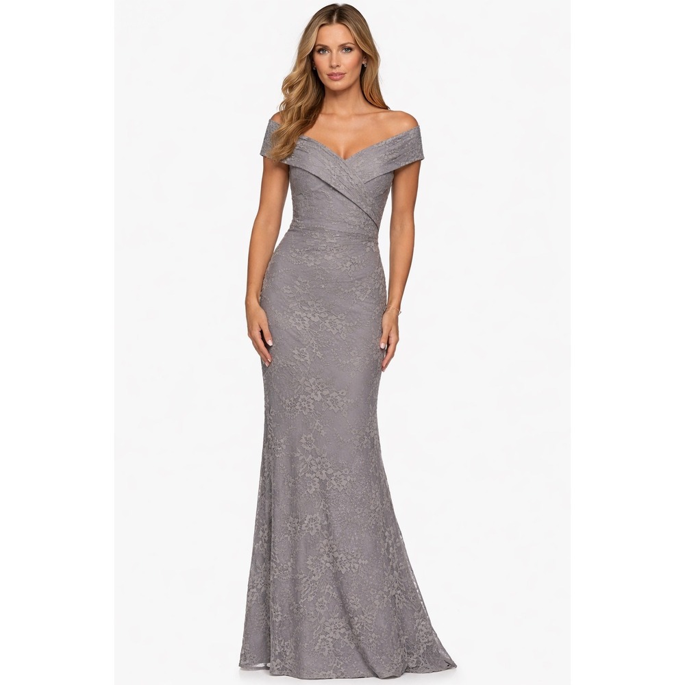 La Femme 27982 Platinum Lace Off Shoulder Gown Size 16 NWOT‎